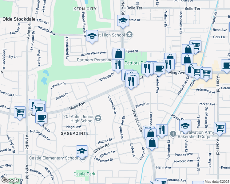map of restaurants, bars, coffee shops, grocery stores, and more near 5507 Ming Avenue in Bakersfield