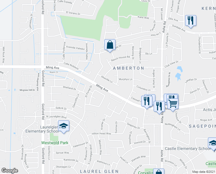 map of restaurants, bars, coffee shops, grocery stores, and more near 7124 Ming Avenue in Bakersfield