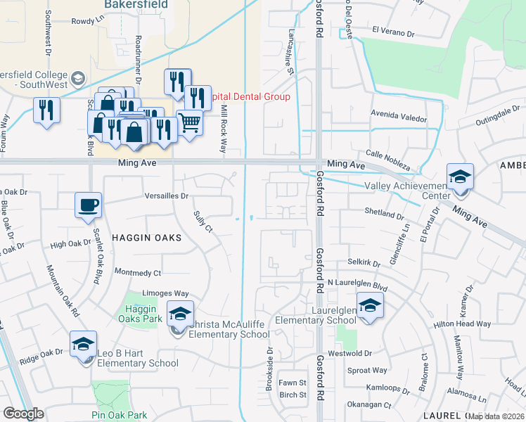 map of restaurants, bars, coffee shops, grocery stores, and more near 8400 Mcgraw Hill Drive in Bakersfield