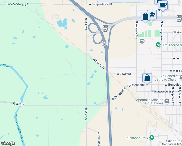 map of restaurants, bars, coffee shops, grocery stores, and more near 801 North Leo Street in Shawnee