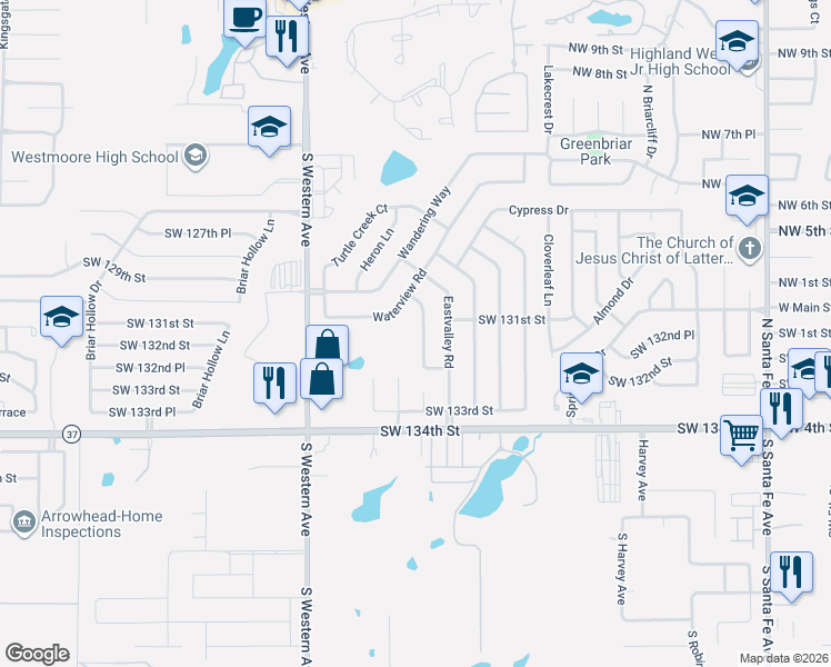 map of restaurants, bars, coffee shops, grocery stores, and more near 13213 Moccasin Lane in Oklahoma City
