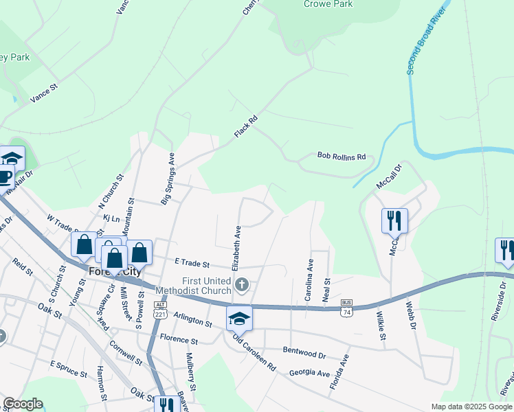 map of restaurants, bars, coffee shops, grocery stores, and more near Elizabeth Avenue in Forest City
