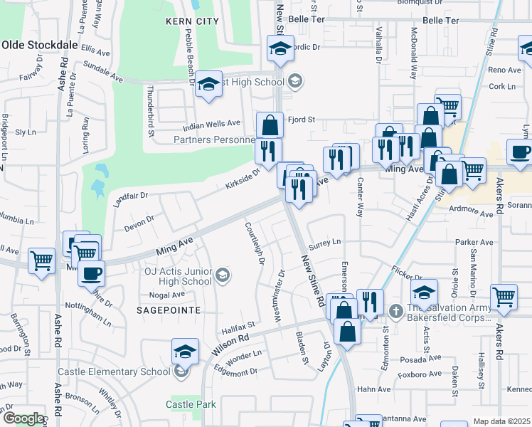 map of restaurants, bars, coffee shops, grocery stores, and more near 5417 Ming Avenue in Bakersfield