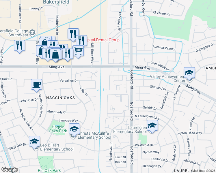 map of restaurants, bars, coffee shops, grocery stores, and more near 8400 Mcgraw Hill Drive in Bakersfield