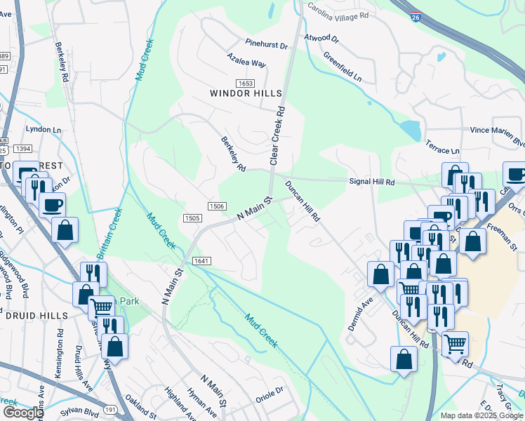 map of restaurants, bars, coffee shops, grocery stores, and more near 1828 North Main Street in Hendersonville