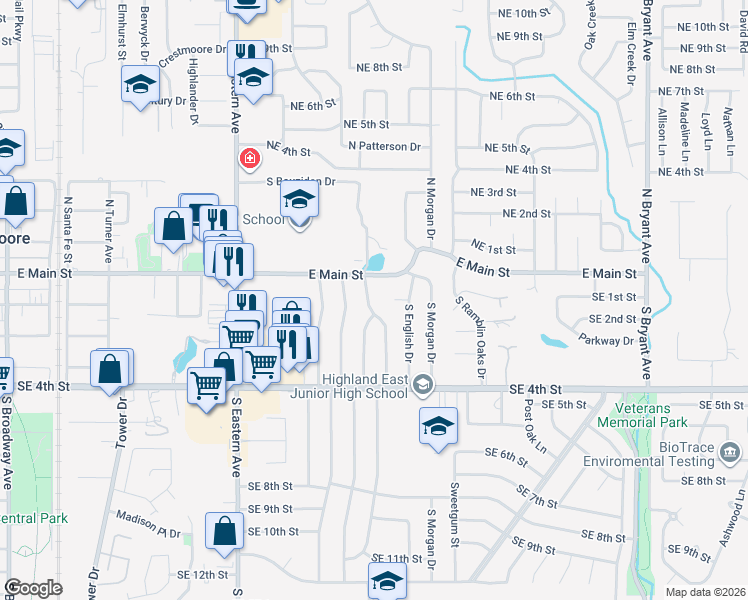 map of restaurants, bars, coffee shops, grocery stores, and more near 201 South Bouziden Drive in Moore