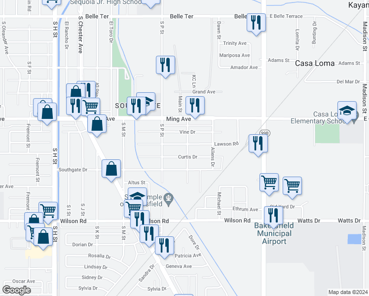 map of restaurants, bars, coffee shops, grocery stores, and more near 1901 Sunshine Avenue in Bakersfield