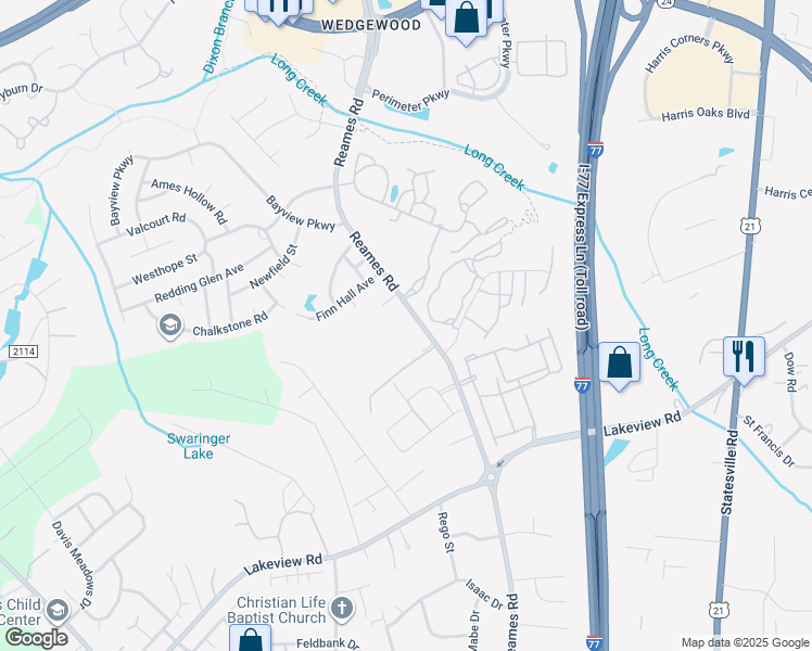 map of restaurants, bars, coffee shops, grocery stores, and more near 8923 Reames Road in Charlotte
