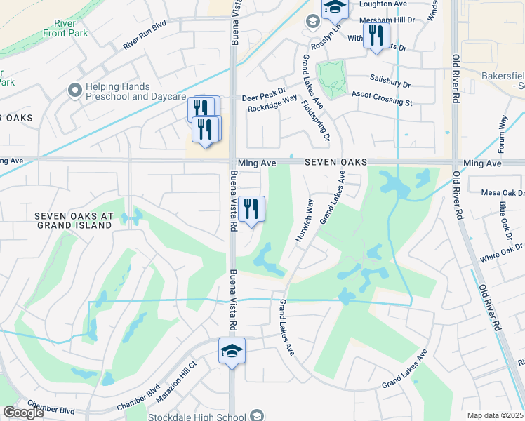 map of restaurants, bars, coffee shops, grocery stores, and more near 1904 Wedgemont Place in Bakersfield