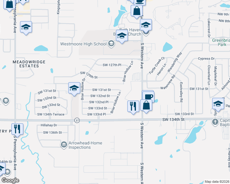 map of restaurants, bars, coffee shops, grocery stores, and more near 13212 Briar Hollow Lane in Oklahoma City