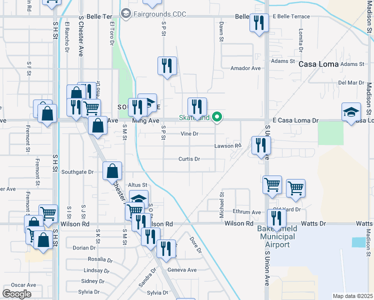 map of restaurants, bars, coffee shops, grocery stores, and more near 1901 Sunshine Avenue in Bakersfield