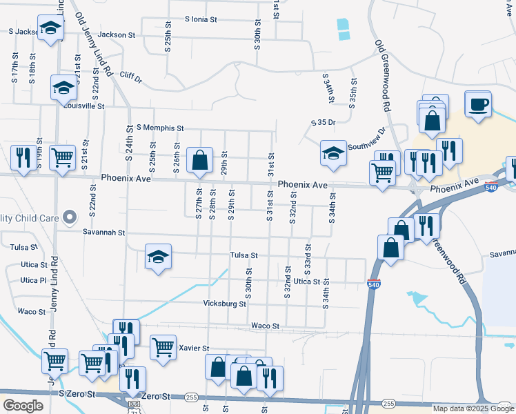 map of restaurants, bars, coffee shops, grocery stores, and more near 3009 South Quincy Street in Fort Smith