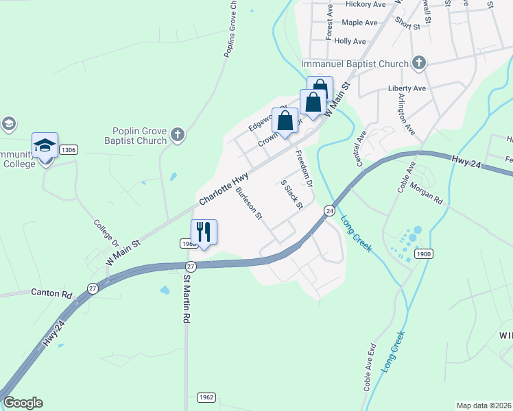 map of restaurants, bars, coffee shops, grocery stores, and more near 111 Burleson Street in Albemarle