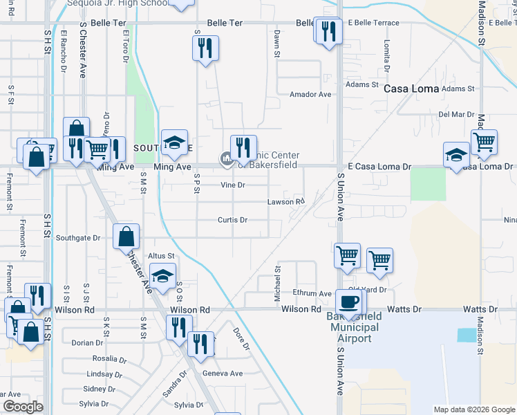 map of restaurants, bars, coffee shops, grocery stores, and more near 516 Curtis Drive in Bakersfield