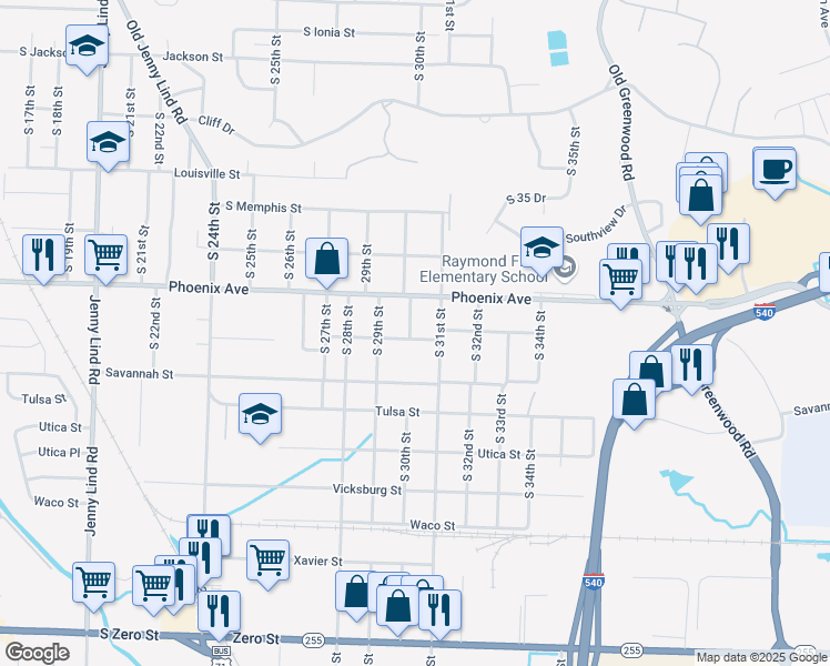 map of restaurants, bars, coffee shops, grocery stores, and more near 3001 South Quincy Street in Fort Smith