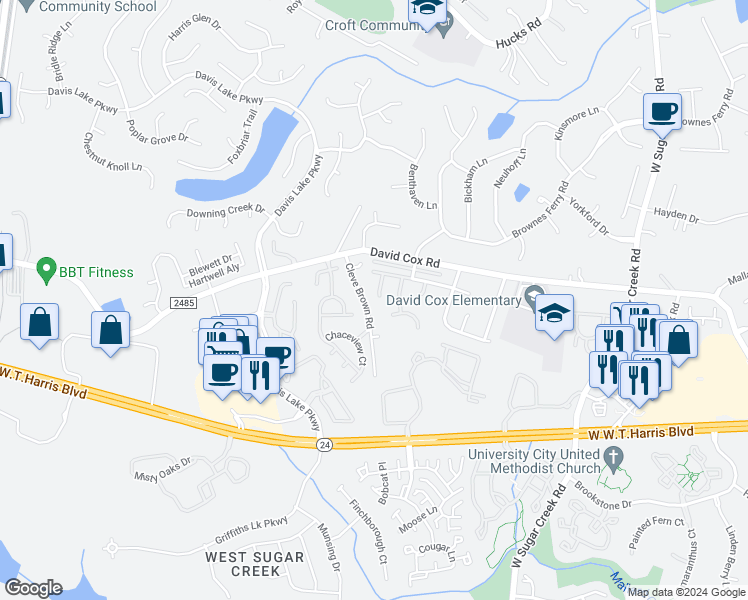 map of restaurants, bars, coffee shops, grocery stores, and more near 8503 Thelema Lane in Charlotte