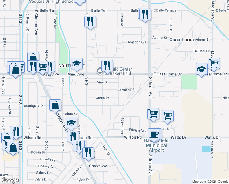 map of restaurants, bars, coffee shops, grocery stores, and more near 516 Curtis Drive in Bakersfield
