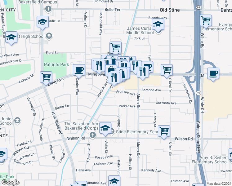 map of restaurants, bars, coffee shops, grocery stores, and more near 4201 Ardmore Avenue in Bakersfield