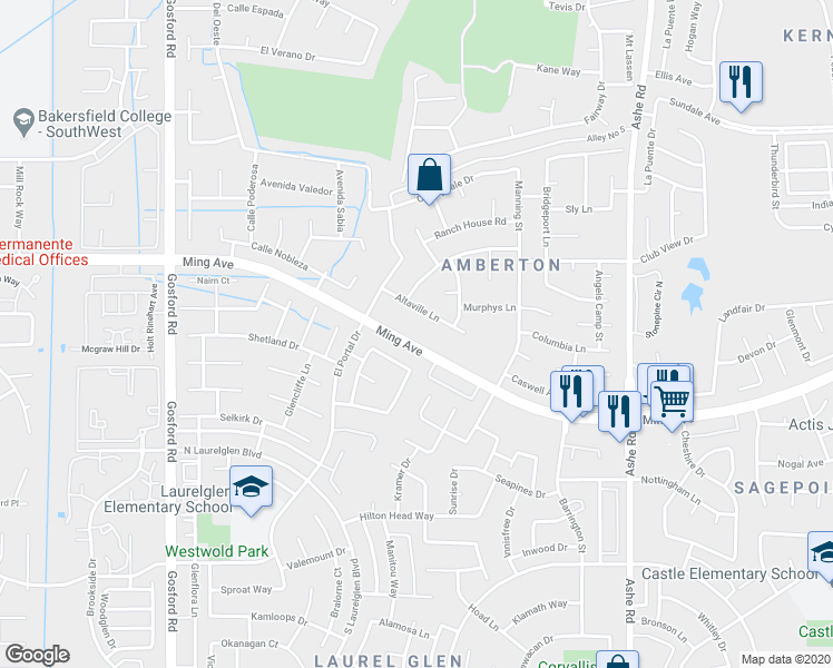 map of restaurants, bars, coffee shops, grocery stores, and more near 7124 Ming Avenue in Bakersfield