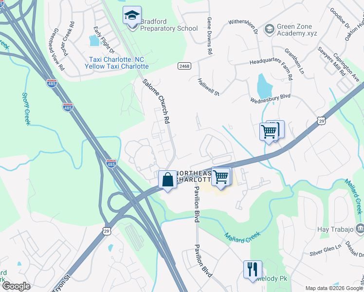 map of restaurants, bars, coffee shops, grocery stores, and more near 1830 State Road 2469 in Charlotte