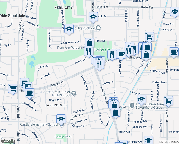 map of restaurants, bars, coffee shops, grocery stores, and more near 5413 Ming Avenue in Bakersfield