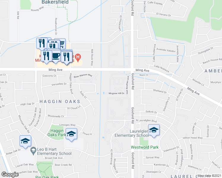map of restaurants, bars, coffee shops, grocery stores, and more near 1908 Delacorte Drive in Bakersfield
