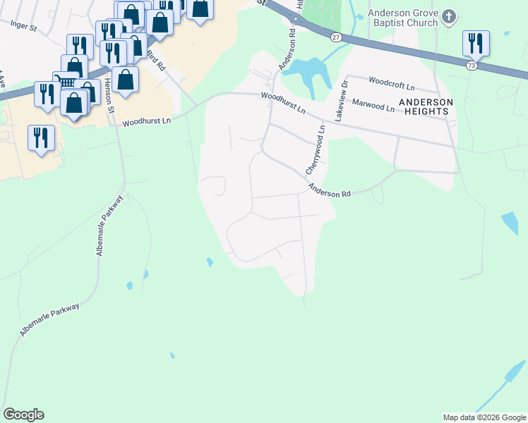 map of restaurants, bars, coffee shops, grocery stores, and more near 708 Lexington Drive in Albemarle