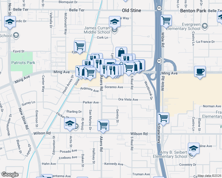 map of restaurants, bars, coffee shops, grocery stores, and more near 1942 Meadowwood Court in Bakersfield