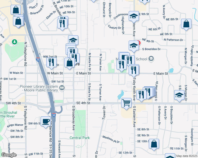map of restaurants, bars, coffee shops, grocery stores, and more near 206 South Turner Avenue in Moore