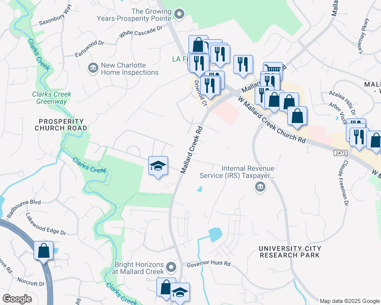 map of restaurants, bars, coffee shops, grocery stores, and more near Mallard Creek Road in Charlotte