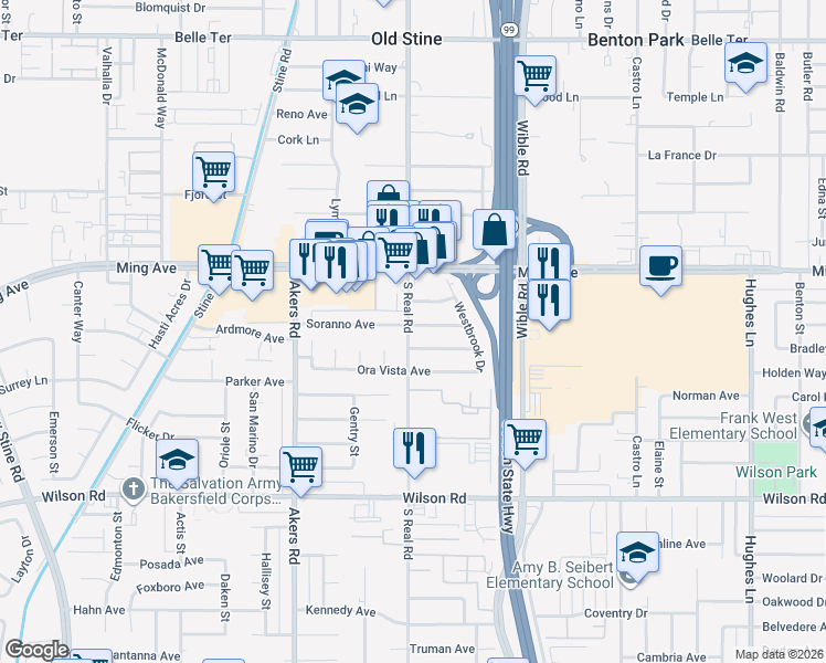 map of restaurants, bars, coffee shops, grocery stores, and more near 3612 Westchester Avenue in Bakersfield