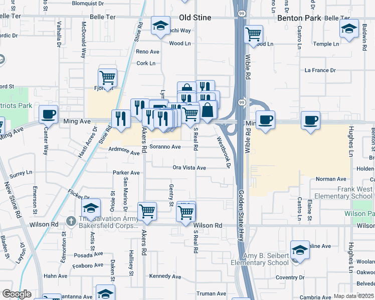 map of restaurants, bars, coffee shops, grocery stores, and more near 1939 Juniper Court in Bakersfield