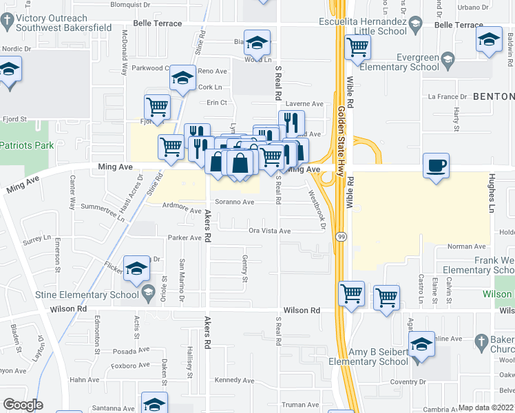 map of restaurants, bars, coffee shops, grocery stores, and more near 1939 Juniper Court in Bakersfield