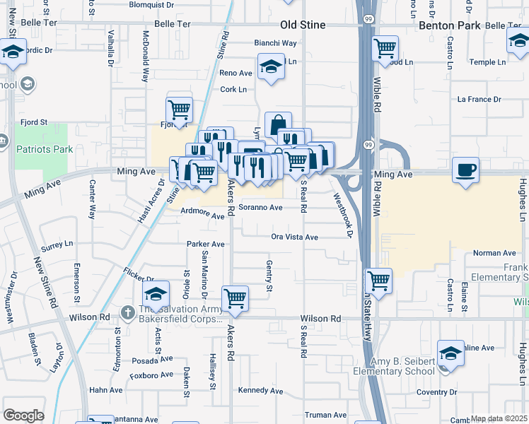 map of restaurants, bars, coffee shops, grocery stores, and more near 1942 Meadowwood Court in Bakersfield