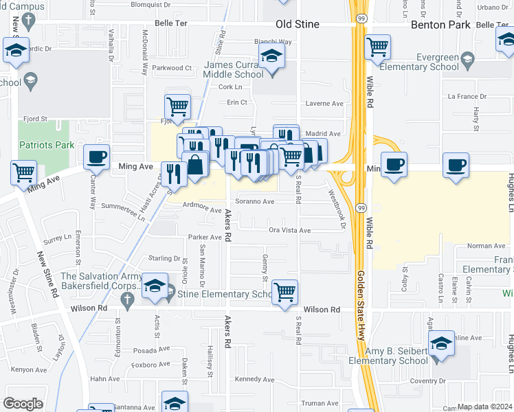 map of restaurants, bars, coffee shops, grocery stores, and more near 1942 Meadowwood Court in Bakersfield