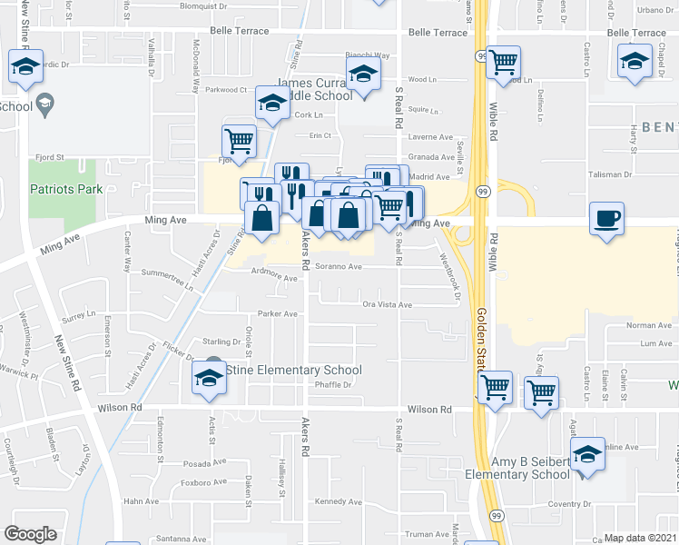 map of restaurants, bars, coffee shops, grocery stores, and more near 1942 Meadowwood Court in Bakersfield