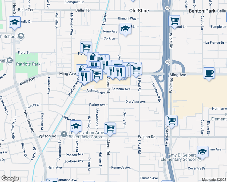 map of restaurants, bars, coffee shops, grocery stores, and more near 1939 Driftwood Street in Bakersfield