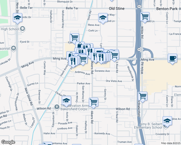map of restaurants, bars, coffee shops, grocery stores, and more near 4100 Ardmore Avenue in Bakersfield