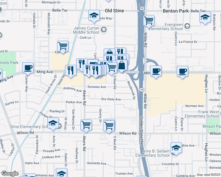 map of restaurants, bars, coffee shops, grocery stores, and more near 9101 Camino Media in Bakersfield