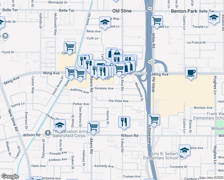 map of restaurants, bars, coffee shops, grocery stores, and more near 3813 Soranno Avenue in Bakersfield
