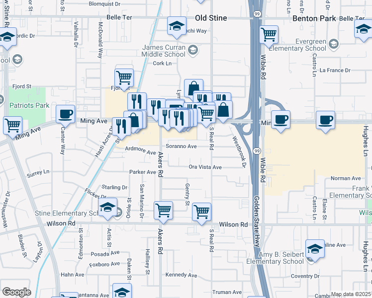 map of restaurants, bars, coffee shops, grocery stores, and more near 3849 Soranno Avenue in Bakersfield