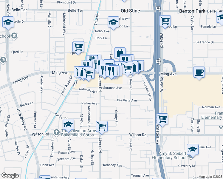 map of restaurants, bars, coffee shops, grocery stores, and more near 3925 Soranno Avenue in Bakersfield