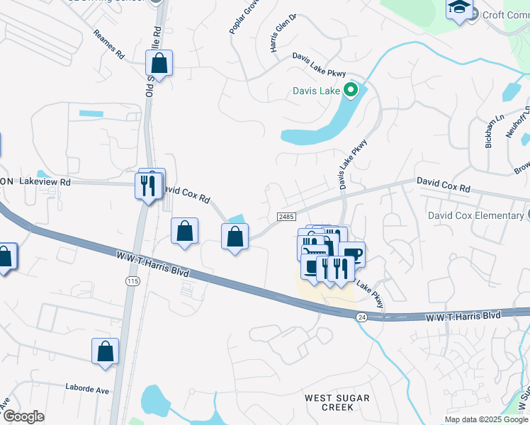 map of restaurants, bars, coffee shops, grocery stores, and more near 5329 Harris Cove Drive in Charlotte