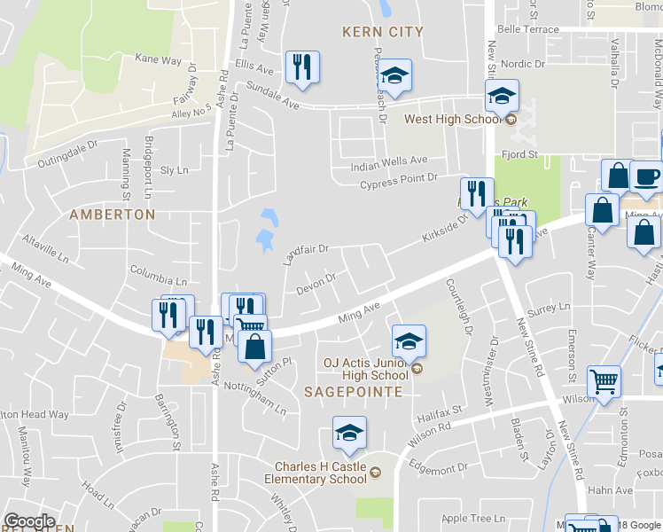 map of restaurants, bars, coffee shops, grocery stores, and more near 1904 Kinross Court in Bakersfield