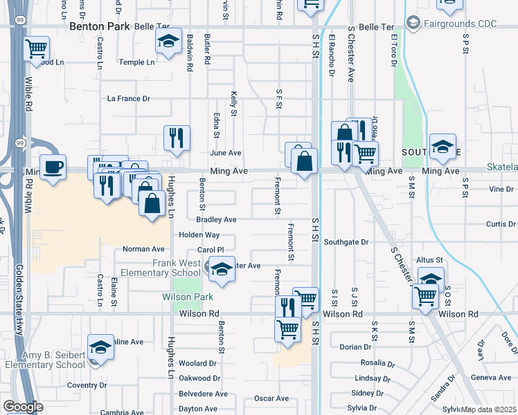 map of restaurants, bars, coffee shops, grocery stores, and more near 1921 Hodges Avenue in Bakersfield