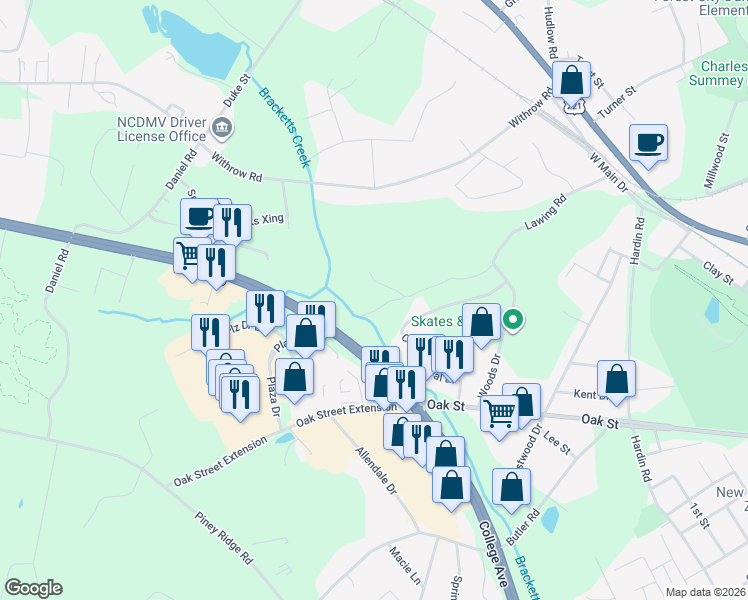 map of restaurants, bars, coffee shops, grocery stores, and more near 114 Lowes Boulevard in Forest City