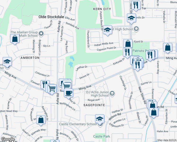 map of restaurants, bars, coffee shops, grocery stores, and more near 1904 Kinross Court in Bakersfield