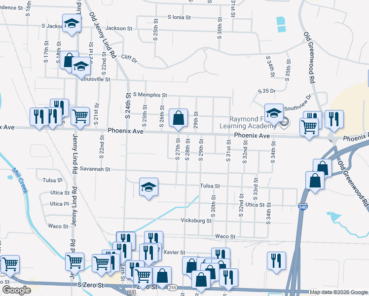 map of restaurants, bars, coffee shops, grocery stores, and more near 4801 South 28th Street in Fort Smith