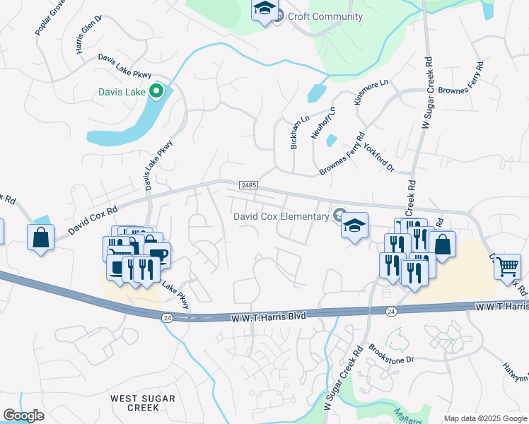 map of restaurants, bars, coffee shops, grocery stores, and more near 6416 Lanzerac Manor Drive in Charlotte