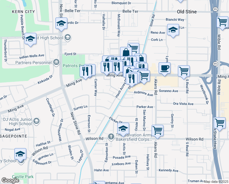 map of restaurants, bars, coffee shops, grocery stores, and more near 4701 Summertree Lane in Bakersfield